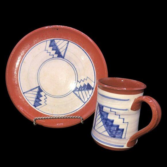Handpainted Madrid New Mexico Pottery Mug & Plate Set Signed Blue White Terracot - Picture 2 of 10